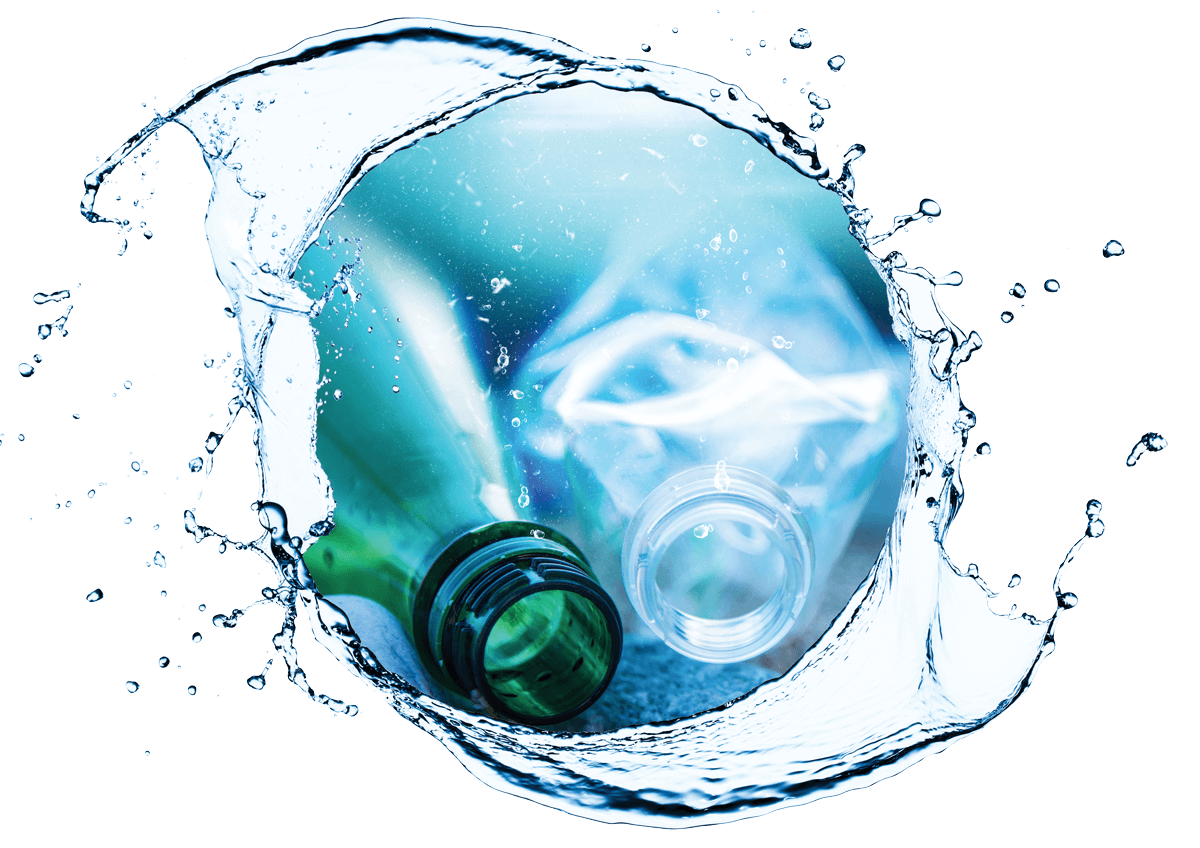 Plastic bottles shown inside a splash of water.